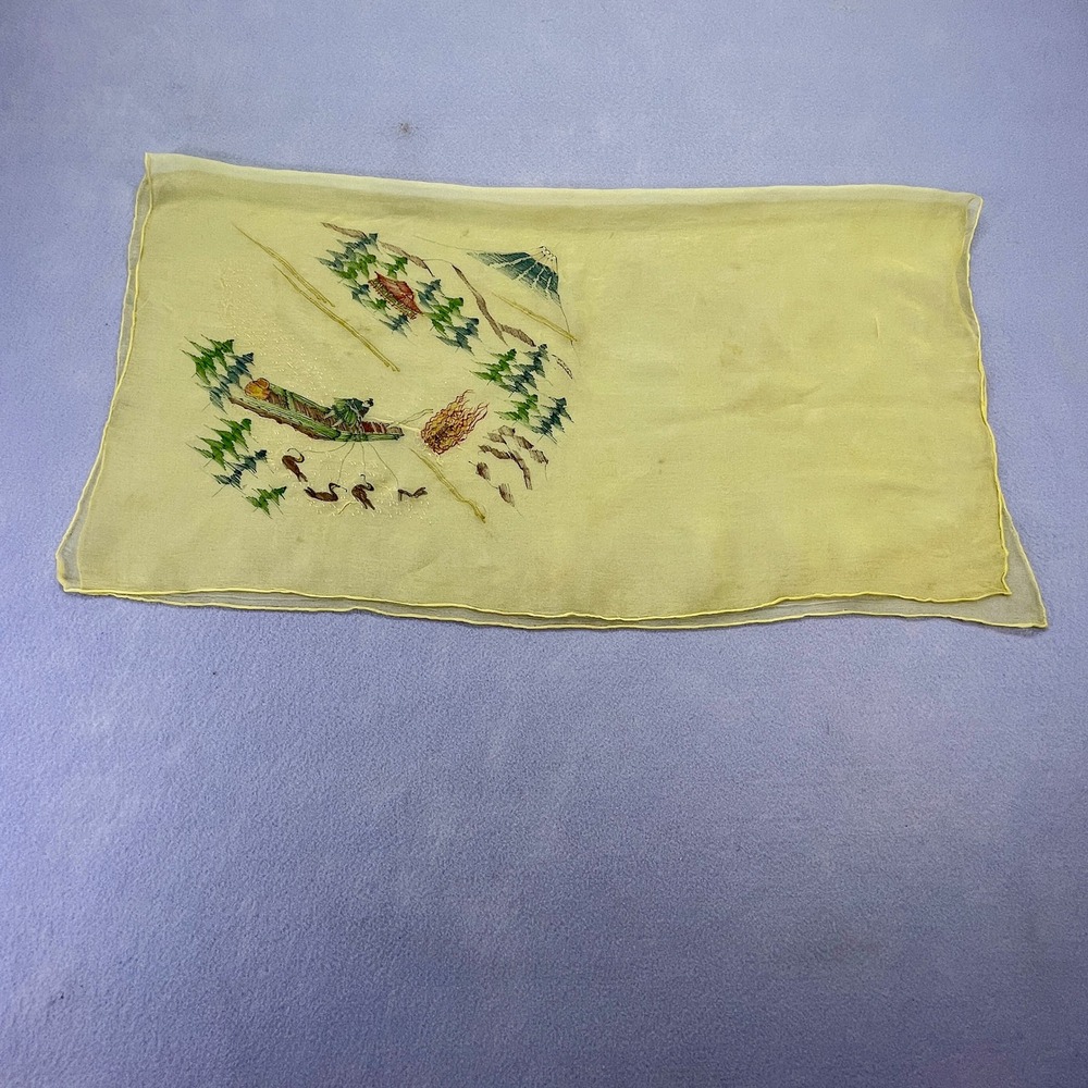 Vintage Hand Painted Japanese Scarf Mount Fuji Pagoda Fisherman Yellow 34in READ - Picture 12 of 12